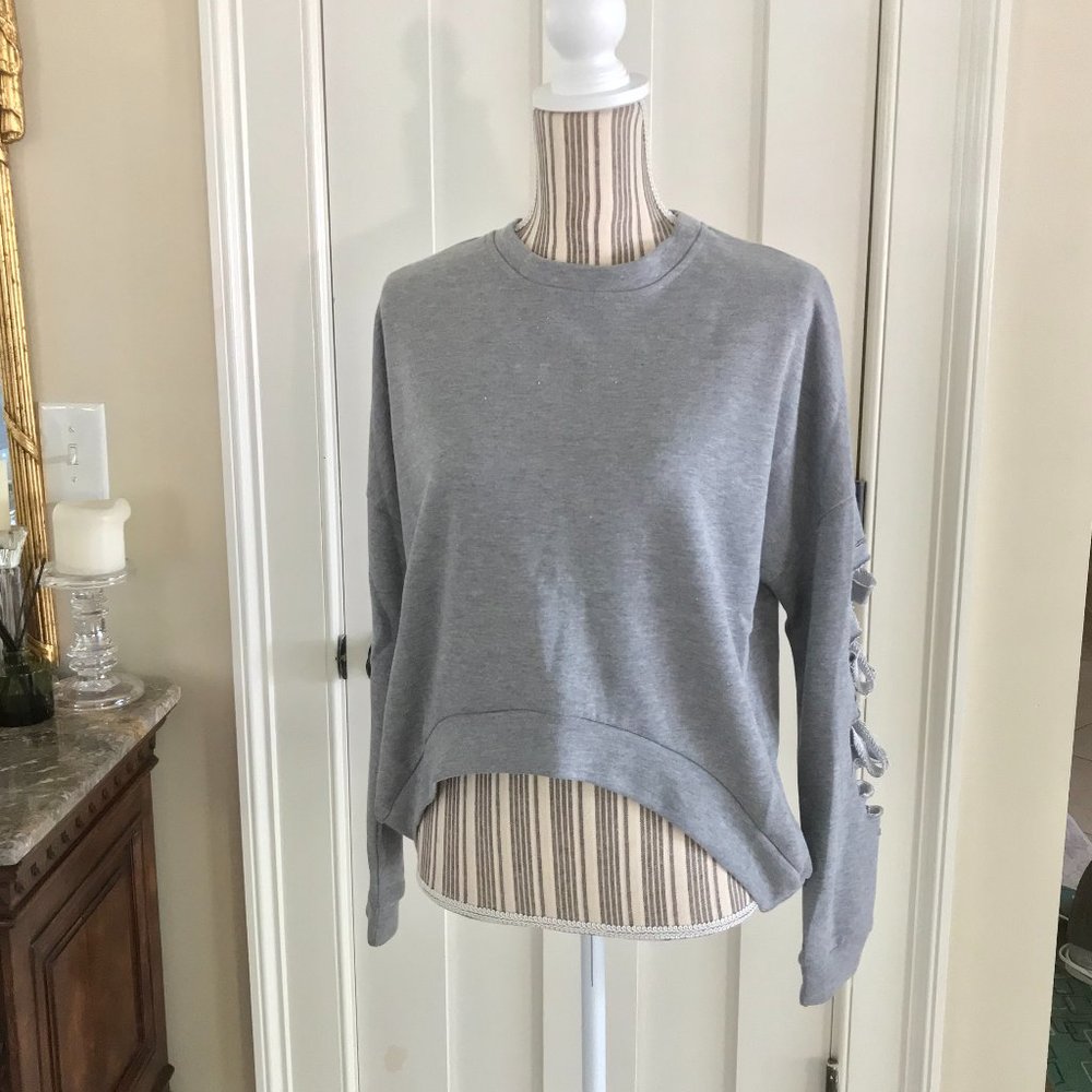 Unique Find Hi-Lo Hem Sweatshirt Top Ripped Sleeves S M L Heather Grey Crewneck - Picture 11 of 16